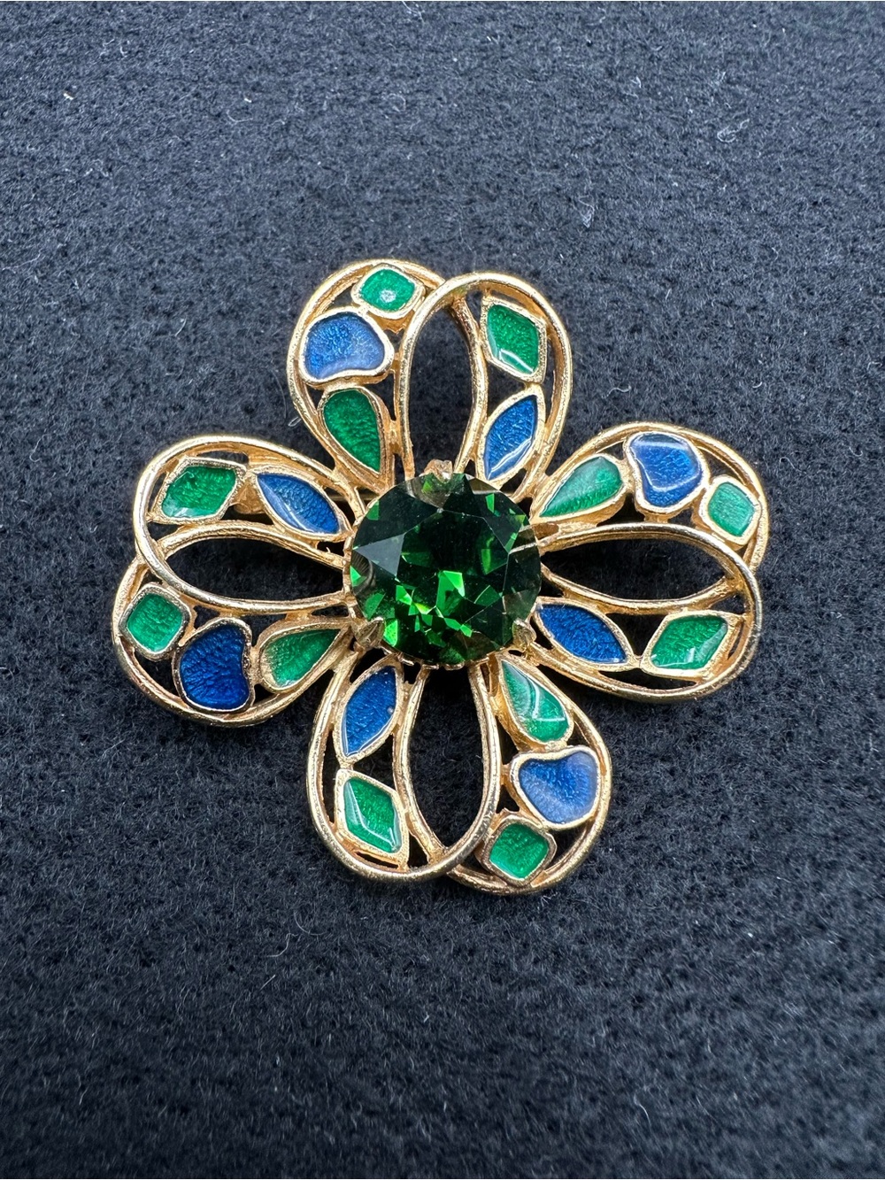 Florenza Flower Brooch Signed Vintage Blue Green Enamel Emerald Rhinestone 1960s